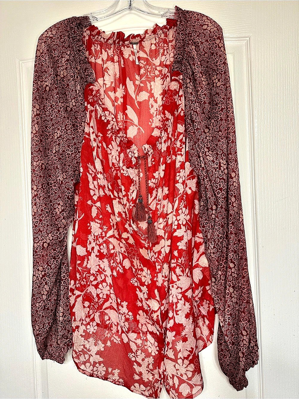 Free People Bella Tunic Floral Long Sleeve Blouse Boho Red & Pink Large